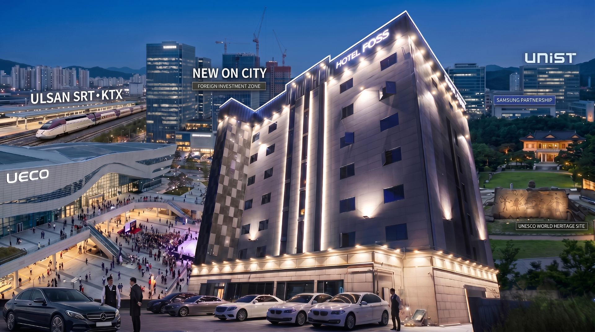 Hotel Foss illuminated at twilight in Ulsan
